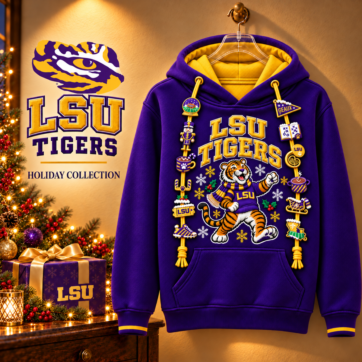 Premium LSU Christmas Embroidered Charm Hoodie PVNA